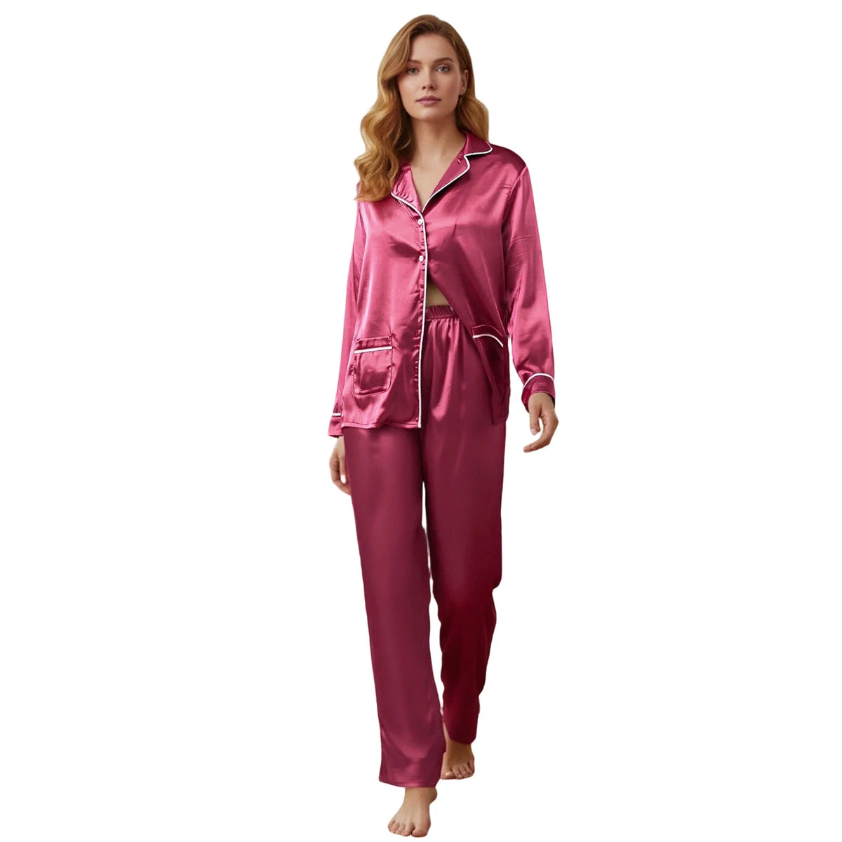 Contrast Trim Satin Button-Down Top & Pants Pajama Set