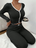 Y2K Ribbed Knit Loungewear Set for Women Long Sleeve V Neck Button Top and Pants Pajamas Two Piece Sleepwear with Lace Trim New
