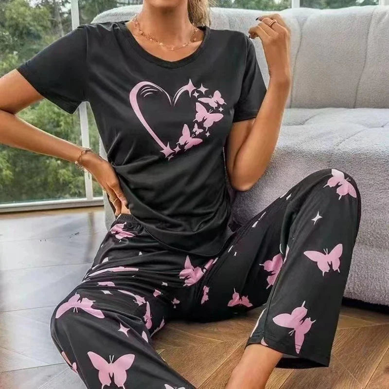 Heart Print Crew Neck Top & Full-Length Pants Pajama Set