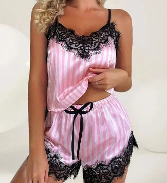 V-Neck Satin Lace & Bowknot Cami Sleep Set