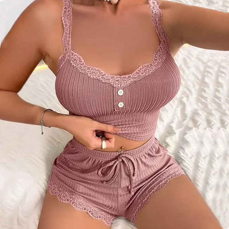 Seamless Lace-Trim Bra & Shorts Lounge Set
