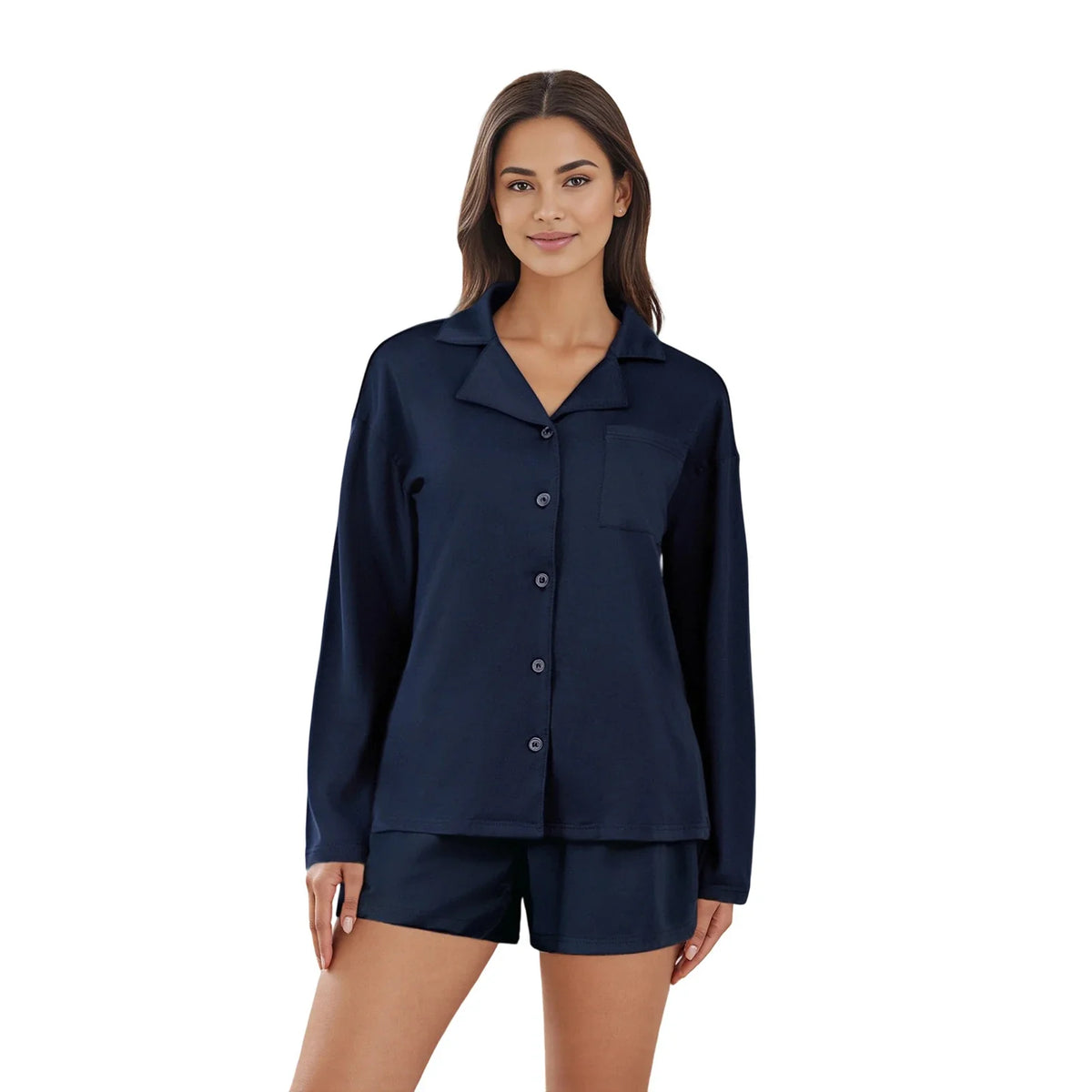 Solid Color Button-Up Shirt & Elastic Shorts Pajama Set