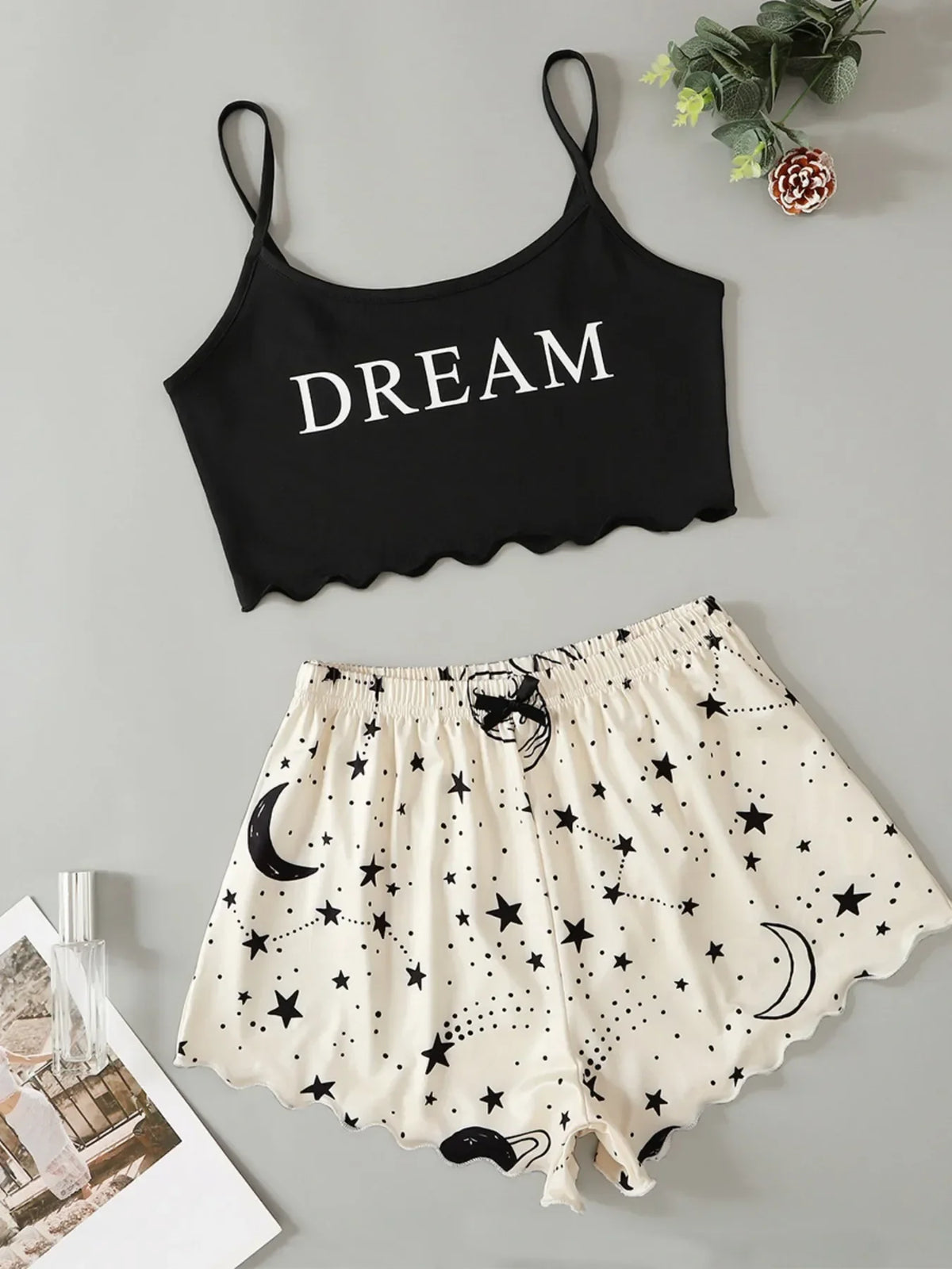 Star & Moon Print Sling Crop Top & Shorts Pajama Set