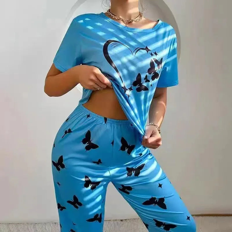 Heart Print Crew Neck Top & Full-Length Pants Pajama Set