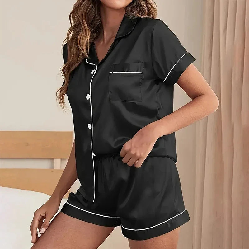 Solid Satin Button-Down Short Sleeve Top & Shorts Pajama Set