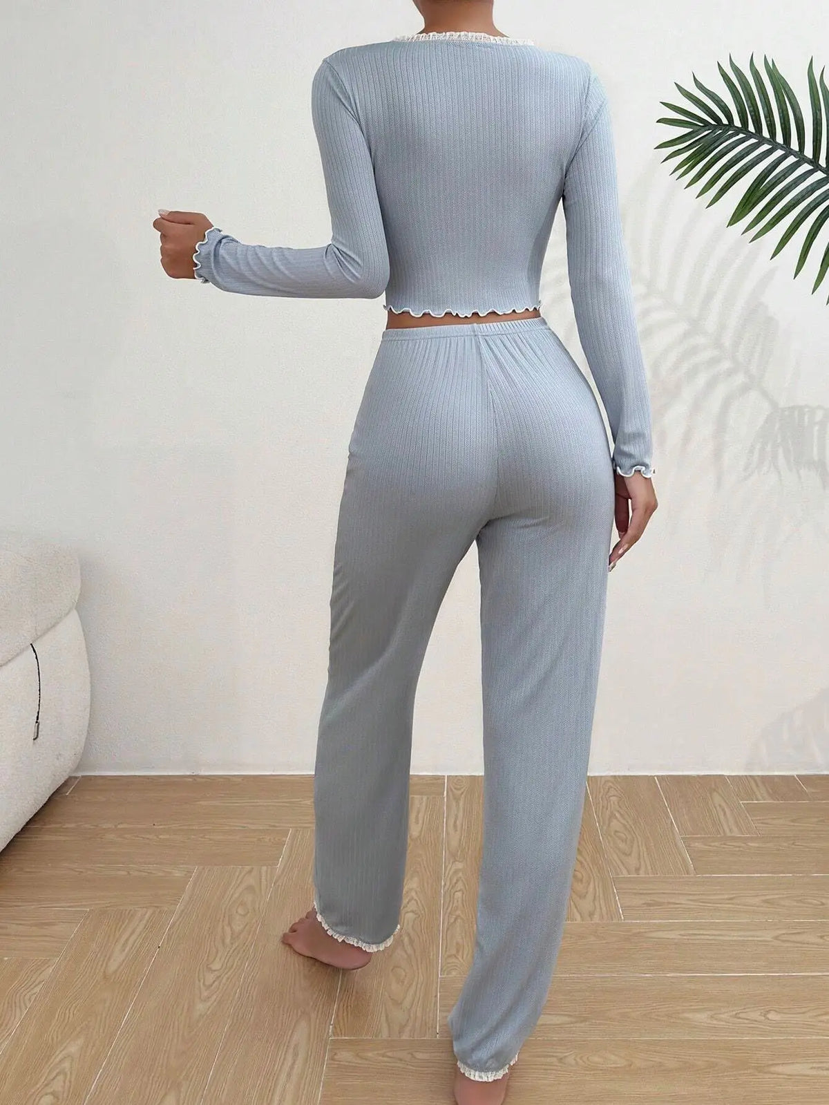 Y2K Ribbed Knit Loungewear Set for Women Long Sleeve V Neck Button Top and Pants Pajamas Two Piece Sleepwear with Lace Trim New