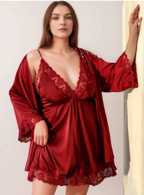 Blue & Black Lace Satin Nightdress & Robe Set